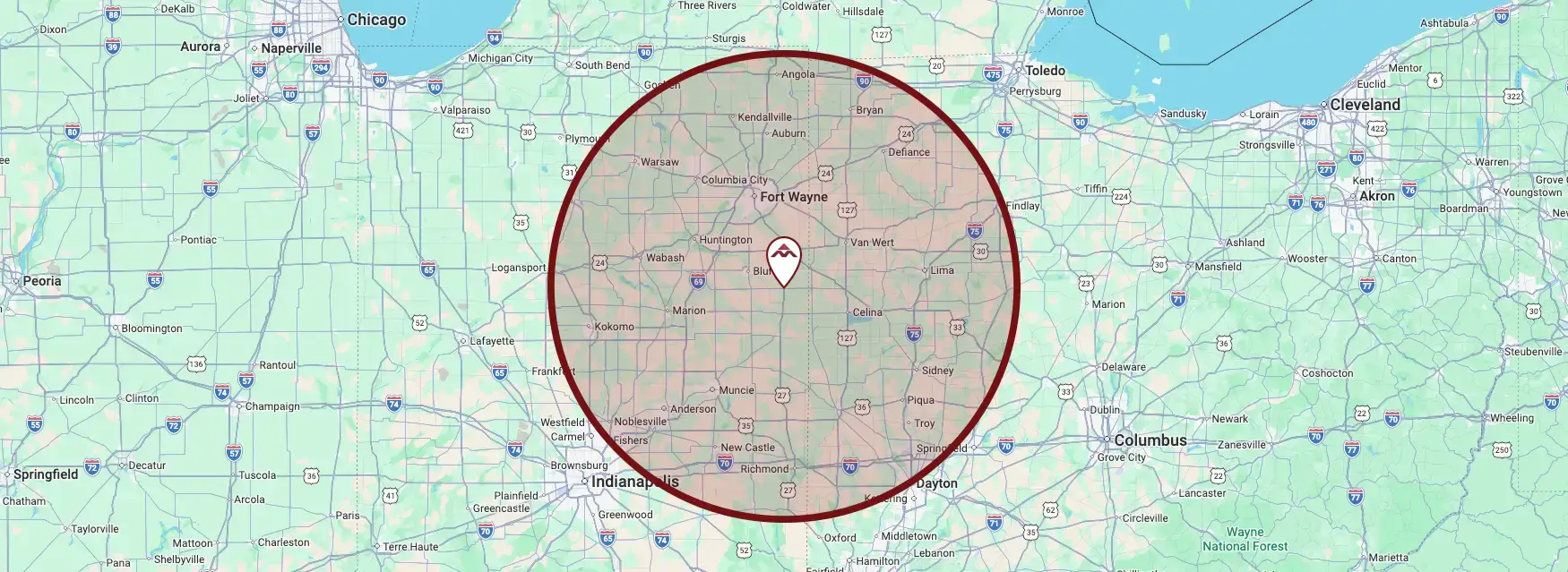 Map of Meyer Building's service area in Indiana