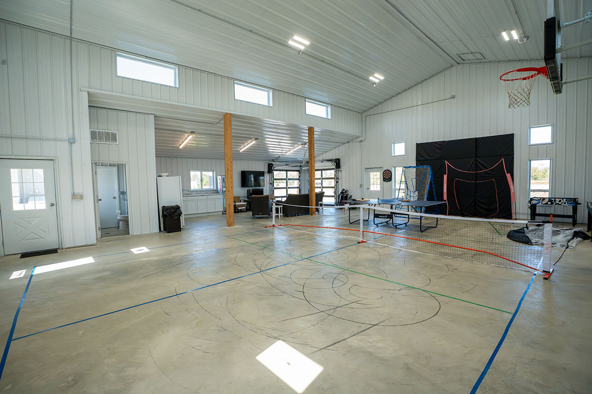 post-frame recreation building with basketball and pickleball